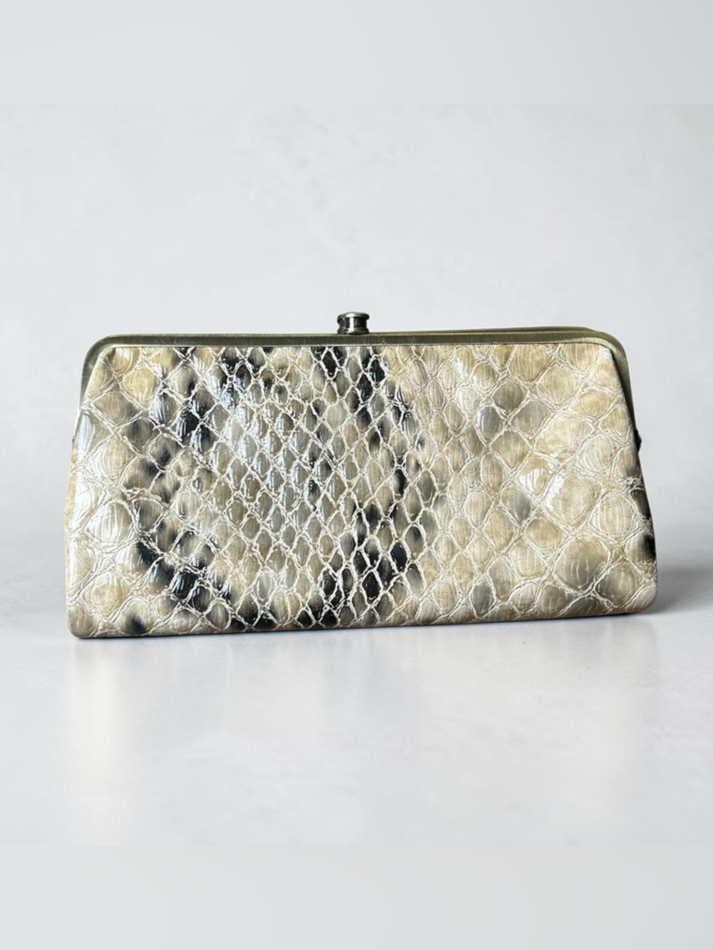 Embossed Snake Print Frame Wallet Clutch Organizer Beige Black Kiss Lock